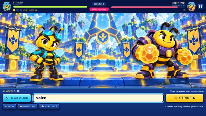 Bee Brawl Typing Duel: Stinger faces Honey Tank above a spelling console