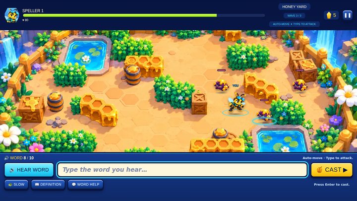 Bee Brawl Honey Yard: top-down honey garden arena with a typing console